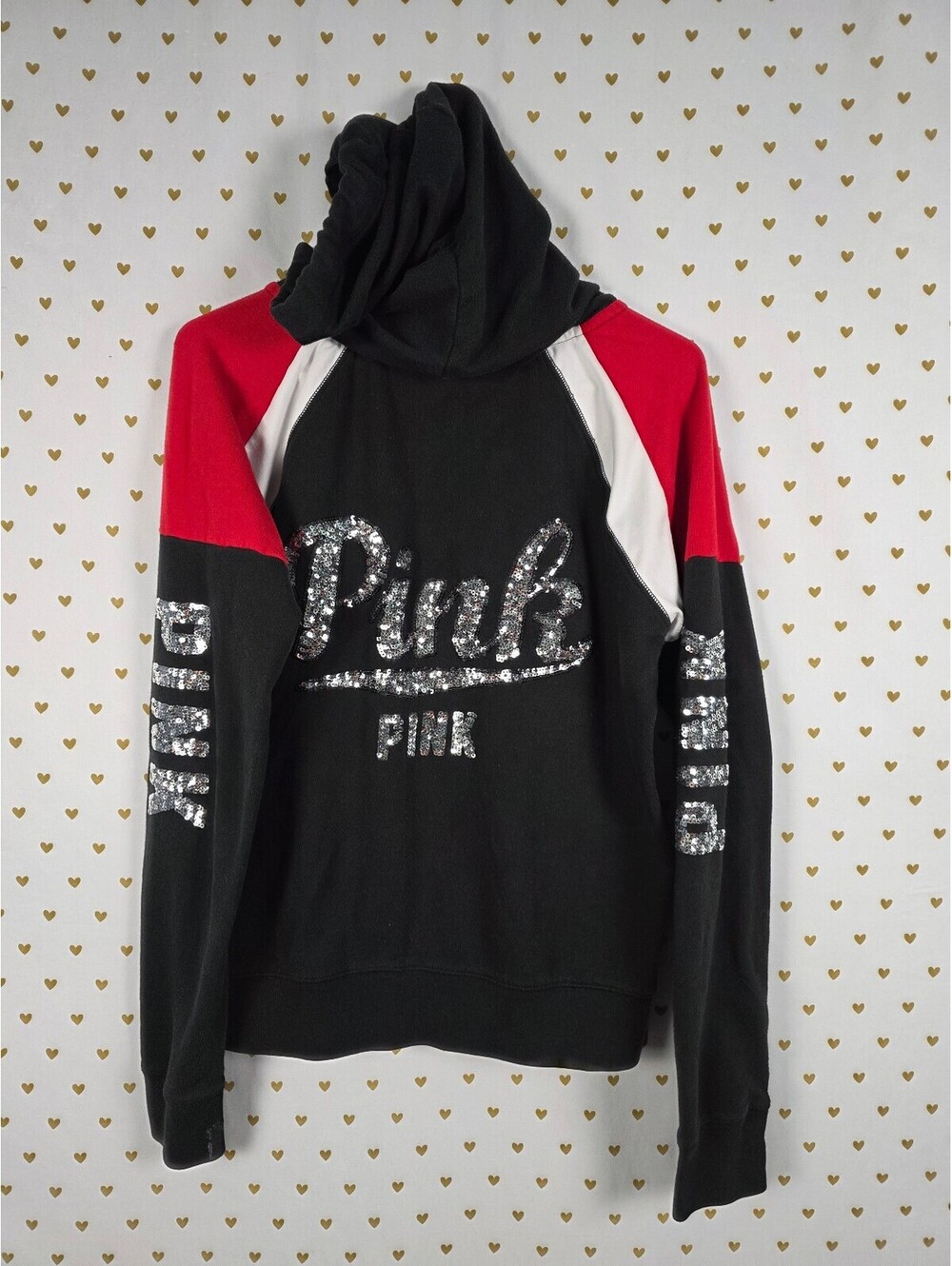 Victorias Secret Pink Black Bling Full Zip Hoodie Jacket Logo sequined Large